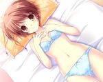  bed blush bra brown_eyes brown_hair da_capo da_capo_iii game_cg hands_on_own_chest hinomoto_aoi lying navel on_back panties pillow short_hair side_ponytail stomach takano_yuki_(allegro_mistic) underwear underwear_only 