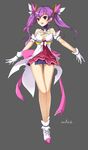  aisha_(elsword) artist_name back_bow bad_id bad_pixiv_id bare_legs bow detached_collar dimension_witch_(elsword) elsword full_body gloves grey_background highres long_hair no_nose pink_bow purple_eyes purple_hair purple_skirt shoes skirt smile solo swd3e2 thigh_gap twintails 