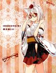  animal_ears bare_shoulders bespectacled character_name detached_sleeves glasses hands_in_hair hat inubashiri_momiji long_sleeves looking_at_viewer moko_(3886397) obi red_eyes ribbon-trimmed_sleeves ribbon_trim sash shirt side_slit silver_hair skirt solo striped striped_background tokin_hat touhou wide_sleeves wolf_ears 