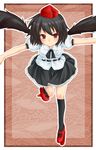  black_hair black_wings blush geta hat looking_at_viewer rai_(rai-s) shameimaru_aya short_hair solo tengu-geta tokin_hat touhou wings 