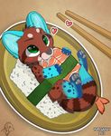  &lt;3 blue_fur blush brown_fur chibi chopsticks cute food fur genet green_eyes plate rice shrimp spots stripes sushi yuniwolfsky 