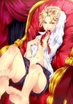  bad_id bad_pixiv_id barefoot blonde_hair chair dio_brando feet jojo_no_kimyou_na_bouken male_focus mouth_hold open_clothes open_shirt pov_feet red_eyes ribbon sanadanobusige shirt shorts solo younger 
