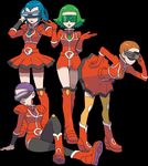  4girls akebi_(pokemon) aliiana_(pokemon) bara_(pokemon) blue_hair bryony_(pokemon) celosia_(pokemon) correa_(pokemon) goggles green_hair mable_(pokemon) momiji_(pokemon) multiple_girls official_art pokemon pokemon_(game) pokemon_xy purple_hair team_flare 