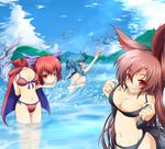  4girls animal_ears assisted_exposure bikini bikini_top_removed black_bikini blue_bikini blue_eyes blue_hair blue_sky blush bow breasts brown_hair cape cirno cleavage clothes_theft cloud collarbone covering covering_breasts day disembodied_head embarrassed fishing_line fishing_rod flying front-tie_top fur g_(desukingu) grass_root_youkai_network grin hair_bow head_fins highres imaizumi_kagerou lake long_hair looking_at_viewer medium_breasts mermaid monster_girl mountain multiple_girls navel nude outdoors outstretched_arm outstretched_hand red_bikini red_eyes red_hair sekibanki severed_head side-tie_bikini sky smile splashing stick_figure strap_lift strap_pull swimsuit swimsuit_theft tail theft topless touhou very_long_hair wading wakasagihime water wings wolf_ears wolf_tail 