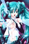  aqua_hair artist_name bad_id bad_pixiv_id bridal_gauntlets center_opening green_eyes hatsune_miku hatsune_miku_(append) highres long_hair navel necktie open_mouth sawaki solo twintails very_long_hair vocaloid vocaloid_append 
