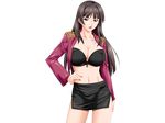  1girl asaga_aoi black_hair breasts cleavage game_cg hand_on_hip highres jacket large_breasts leather legs long_hair looking_at_viewer okaa-san_to_naisho okaasan_to_naisho simple_background skirt smile solo standing tattoo thighs 