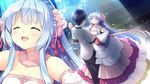  1boy 1girl blue_hair blush dancing dress eyes_closed game_cg green_eyes koba_kazuomi koi_saku_miyako_ni_ai_no_yakusoku_wo_~annaffiare~ long_hair natsume_eri open_mouth tongue winifred_d_land 