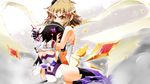  &gt;:( ass back bare_shoulders black_hair blonde_hair bodysuit frown gloves headphones hisame_genta kohinata_miku md5_mismatch multiple_girls scarf senki_zesshou_symphogear tachibana_hibiki_(symphogear) thighhighs v-shaped_eyebrows yellow_eyes 