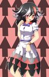  black_hair blush bow bracelet directional_arrow dress fang g_(desukingu) horns jewelry kijin_seija looking_at_viewer multicolored_hair nail_polish open_mouth pink_eyes pointer puffy_sleeves red_eyes red_hair red_nails short_sleeves silver_hair solo tears touhou white_dress 