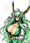  1girl areolae breasts cleavage danna_(karatekikku) dress ex-keine ex_keine female green_hair horns huge_breasts kamishirasawa_keine long_hair red_eyes simple_background sketch solo standing touhou upper_body wavy_hair white_background 