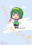  1girl blush_stickers bouquet brown_eyes chibi dated fangs flower green_hair hairband highres idolmaster idolmaster_(classic) inoue_sora open_mouth otonashi_kotori pencil_skirt ribbon short_hair signature skirt solo thighhighs yellow_hairband zettai_ryouiki 