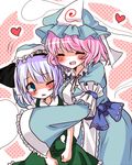  blue_eyes blush closed_eyes embarrassed frills heart japanese_clothes kimono konpaku_youmu konpaku_youmu_(ghost) multiple_girls petting pink_hair rai_(rai-s) saigyouji_yuyuko short_hair silver_hair touhou triangular_headpiece wide_sleeves yuri 