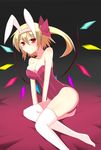  animal_ears blonde_hair breasts bunny_ears bunnysuit cleavage fake_animal_ears flandre_scarlet hamiyun large_breasts leotard red_eyes red_leotard ribbon short_hair side_ponytail sitting smile solo thighhighs touhou white_legwear wings 