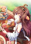  ahoge akashio_(loli_ace) black_tea blush boots breasts brown_hair cake cookie cup cupcake detached_sleeves doily food from_above grass hairband kantai_collection kongou_(kantai_collection) long_hair looking_at_viewer open_mouth pastry picnic plate purple_eyes ramekin ribbon-trimmed_sleeves ribbon_trim sitting skirt slice_of_cake small_breasts smile solo sugar_cube sugar_tongs swiss_roll tea teacup teapot thighhighs tiered_tray tongs wariza wide_sleeves 