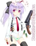  animal_ears black_legwear bow bunny_ears gun hair_bow hair_up long_hair looking_at_viewer necktie no_pants noveske_n4 panties purple_hair red_eyes red_neckwear reisen_udongein_inaba shotgun shotgun_shells skirt solo striped striped_panties switchblade thighhighs touhou underwear weapon 