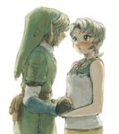  1girl bad_id bad_pixiv_id blonde_hair blush earrings gloves green_eyes hat holding_hands ilia_(zelda) jewelry link pointy_ears smile tears the_legend_of_zelda the_legend_of_zelda:_twilight_princess yo_mo 