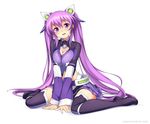  atomix black_legwear blush boots breasts cleavage hair_ornament hair_ribbon highres large_breasts long_hair looking_at_viewer open_mouth original purple_eyes purple_hair ribbon simple_background sitting skirt smile solo thigh_boots thighhighs twintails v_arms wariza watermark web_address white_background 