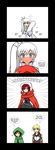  2girls 4koma ahoge anger_vein armor blonde_hair blue_eyes blush cape comic dakimakura_(object) emphasis_lines english highres hood jaune_arc long_hair lunarisaileron multiple_girls pillow red_hair ruby_rose rwby short_hair side_ponytail weiss_schnee white_hair 