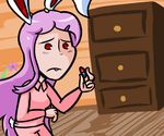  animal_ears bags_under_eyes bunny_ears bunny_girl bunny_tail drawer leomodesto lowres pajamas pill purple_hair red_eyes reisen_udongein_inaba solo tail touhou wooden_floor 