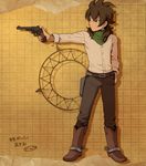  belt boots fudou_akio full_body gun handgun inazuma_eleven_(series) inazuma_eleven_go male_focus mizuhara_aki older revolver solo spurs standing weapon western 