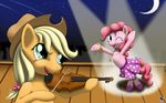  applejack_(mlp) blonde_hair clothing cowboy_hat dress duo ear_piercing equine female feral freckles friendship_is_magic fur green_eyes hair hat horse mammal moon musical_instrument my_little_pony necklace night one_eye_closed piercing pink_fur pink_hair pinkie_pie_(mlp) pony renatetherat silhouette spotlight violin wink 