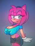  anthro big_breasts breasts cleavage clothed clothing female green_eyes hair hedgehog huge_breasts looking_at_viewer mammal navel nitro open_mouth pink_hair sega smile solo sonic_(series) 