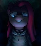  blue_eyes clothed clothing collaboration collar equine female feral friendship_is_magic fur hair hoodie horse long_hair looking_at_viewer mammal my_little_pony open_mouth pink_fur pink_hair pinkamena_(mlp) pinkie_pie_(mlp) plain_background pondisdant pony rape_face smile solo teeth 