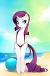  anthro anthrofied antiander arms_behind_back ball beach bikini blue_eyes cutie_mark equine female flat_chested friendship_is_magic hair hooves horn horse long_hair looking_away mammal my_little_pony navel pony purple_hair rarity_(mlp) sand sea seaside sky smile solo standing swimsuit unicorn water white_skin 