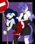  anthro blue_eyes blue_hair blush breasts canine cleavage clothed clothing corset cressy_(crescentpony) duo equine fangs female friendship_is_magic green_eyes hair handcuffs holding_leg horn horse kloudmutt leg_grab legwear lesbian mammal mariah_wolves_(mlp) my_little_pony open_mouth original_character piercing pony raised_leg sex shackles shirt signpost skirt stockings two_tone_hair white_hair winged_unicorn wings 