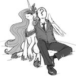  ? anon anonymous black_and_white clothing crown duo equine female feral friendship_is_magic grass greyscale hair horn horse human kevinsano long_hair looking_up male mammal monochrome my_little_pony necklace necktie outside pony princess_celestia_(mlp) sitting suit winged_unicorn wings 