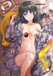  :o adagaki_aki bangs bare_shoulders black_hair blue_eyes blush breasts breasts_outside butterfly_hair_ornament candy_apple collarbone convenient_leg covering covering_breasts dango eyebrows_visible_through_hair fan feet_out_of_frame floral_print flower food from_above grey_kimono groin hair_between_eyes hair_ornament head_tilt highres holding holding_food japanese_clothes kimono leg_up looking_at_viewer lying masamune-kun_no_revenge medium_hair naked_kimono navel obi on_back on_floor open_mouth paper_fan petals pink_flower plate print_kimono revision sash shiny shiny_hair small_breasts striped striped_kimono sunhyun sunlight tatami tray uchiwa wagashi 