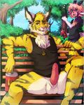  barbs bench beverage bottomless chest_tuft clothing duo eltigero erection exhibitionism feline fur gazelle horn letigre licking licking_lips looking_at_viewer lynx male mammal necklace ookami-kun outside park penis public shirt sitting spread_legs spreading surprise tank_top tiger tongue tongue_out tuft 
