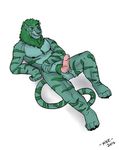  abs anthro balls biceps black_pawpads chest_tuft claws erection feline fur green_eyes green_fur green_hair green_nose grin hair hybrid kiyoshi_(character) knot liger lion lying male mammal mane mike_(artist) muscles nipples nude on_back pawpads paws pecs penis plain_background pose presenting pubes sheath smile solo teeth tiger toe_claws tuft white_background 