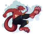  4_toes abs anthro armor biceps cirez claws clothed clothing cyber_zai dragon fangs green_eyes grin half-dressed hindpaw horn karate kick male muscles open_mouth pads pants pawpads paws pecs plain_background pose raised_leg red_dragon red_skin reptile scales scalie smile solo teeth toe_claws toned tongue topless white_background 