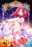  bracelet breasts flower hair_flower hair_ornament jewelry looking_at_viewer magi_the_labyrinth_of_magic mizuno_(iori-amu) morgiana navel one_side_up pink_hair red_eyes short_hair small_breasts solo underboob 