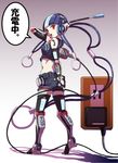  blue_hair breasts cable cellphone cellphone_charm charging crop_top elbow_gloves gloves hair_ornament highres medium_breasts original personification phone power_supply red_eyes robot_ears robot_joints short_hair shorts solo speech_bubble tattoo thighhighs translated you_(maumauyo) 