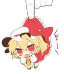  ascot blonde_hair bow chibi fang flandre_scarlet hat hat_bow lifting_person minigirl mob_cap open_mouth out_of_frame paragasu_(parags112) pov pov_hands puffy_sleeves red_eyes shirt short_sleeves side_ponytail simple_background skirt solo_focus touhou vest white_background wings 