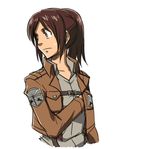  1girl alternate_breast_size animated animated_gif anime_coloring blush breast_expansion breasts brown_hair colorized covered_nipples cropped_jacket drooling eating foodgasm gigantic_breasts happy huge_breasts lowres matsu-sensei ponytail potato sasha_braus shingeki_no_kyojin solo taut_clothes 
