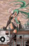  boots breasts detached_sleeves green_eyes green_hair hair_ornament hatsune_miku headphones long_hair megaphone nail_polish necktie pleated_skirt rooftop shouting sitting skirt small_breasts solo tattoo thigh_boots thighhighs twintails very_long_hair vocaloid wind wind_lift you_(maumauyo) 