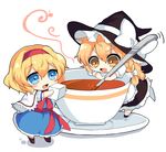  alice_margatroid apron black_dress blue_dress blue_eyes blush bow braid capelet chibi cup dress hairband hat hat_bow kirisame_marisa minigirl multiple_girls open_mouth paragasu_(parags112) puffy_sleeves shirt short_sleeves simple_background single_braid smile spoon sugar_cube teacup touhou waist_apron white_background white_bow witch_hat yellow_eyes 