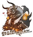  armor charr clothing collar collars fangs feline flames gauntlet grin guild_wars guild_wars_2 gun horn male mammal mane pauldrons plain_background portrait ranged_weapon rexar_stonehollow rifle solo spikes text thecharmingcharr tumblr video_games weapon 