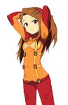  arms_behind_head arms_up bodysuit brown_eyes brown_hair cosplay covered_navel hair_ornament idolmaster idolmaster_(classic) long_hair minase_iori multicolored multicolored_bodysuit multicolored_clothes neon_genesis_evangelion orange_bodysuit plugsuit pori88 red_bodysuit red_eyes shikinami_asuka_langley skin_tight smile solo souryuu_asuka_langley souryuu_asuka_langley_(cosplay) test_plugsuit 