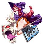  arcana_heart ass boots breasts covered_nipples full_body glasses hat holding huge_breasts long_hair no_bra open_mouth puffy_nipples raven_(artist) red_hair simple_background skull staff tearing_clothes torn_clothes very_long_hair white_background witch_hat yasuzumi_yoriko 