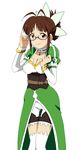  akizuki_ritsuko bracelet breasts brown_hair cleavage cosplay glasses idolmaster idolmaster_(classic) jewelry leafa leafa_(cosplay) medium_breasts parody pori88 smile solo sword_art_online thighhighs tied_hair 