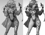  armor bad_id bad_pixiv_id blush breasts center_opening coat dark_skin dual_persona earrings gloves greyscale hair_over_one_eye headband hood hood_down jewelry kilart kneehighs large_breasts lips long_hair monochrome multiple_girls navel open_clothes open_coat original ribbon smile thigh_strap thighs 