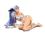  1girl barefoot blue_hair fundoshi gotou_matabei highres hyakka_ryouran_samurai_girls long_hair rin-sin sarashi solo 