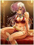  armor bed bikini_armor bikini_top blue_eyes blush bracelet breasts cleavage jewelry large_breasts legend_of_lemnear lemnear loincloth long_hair navel necklace purple_hair sitting smile solo sweat tamanegiinyo 