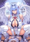  1girl angel angel_wings antenna_hair artist_name blue_hair boots breasts cameltoe cleavage cleavage_cutout comic_unreal covered_nipples cowgirl_position elbow_gloves fingerless_gloves foot_wings gloves halo halterneck head_wings hetero hexagram highres huge_breasts jewelry leotard long_hair low-tied_long_hair mogudan pov puffy_nipples purple_eyes sidelocks smile solo_focus squatting straddling sweat thigh_boots thighhighs tower very_long_hair wings 