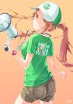  ass back bad_id bad_pixiv_id baseball_cap breasts brown_background brown_eyes brown_hair clothes_writing hat highres long_hair looking_at_viewer looking_back medium_breasts megaphone original ponytail re_lucy shirt short_sleeves shorts signature simple_background smile solo watch wristwatch 