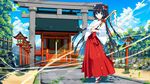  black_hair blue_eyes japanese_clothes kirino_kasumu leaves long_hair miko suishou_shizuku torii 